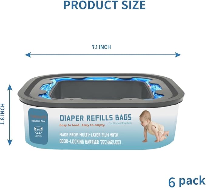 Standard Square Refills Disposal Bags Refill Compatible with Genie Diaper Compact, Select Pails (Not Fit Classic Version Pails), Hold Up to 270 Newborn-Sized Diapers Per Refill, 6 Pack