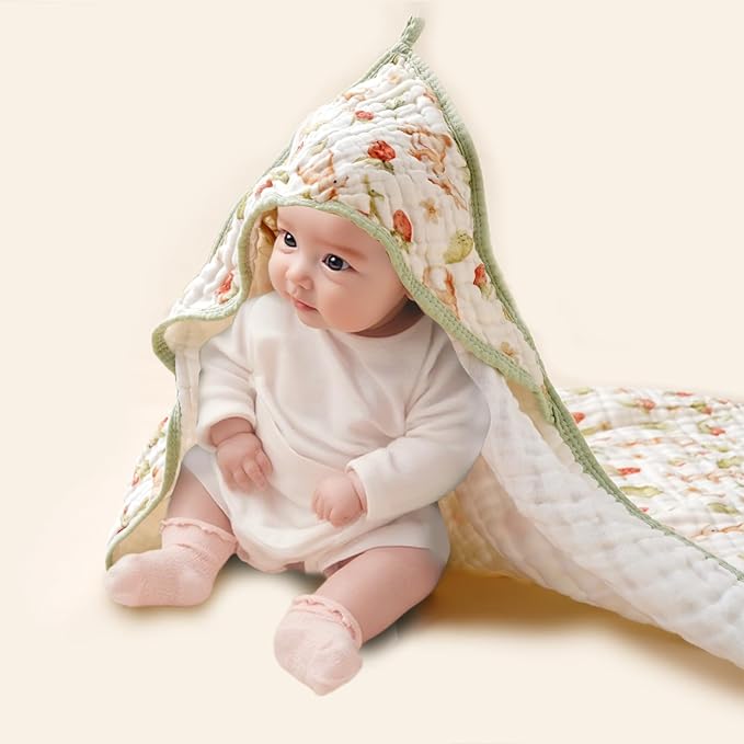 Muslin Hooded Baby Towels,2 Pack Baby Bath Towels,Large 31.5x31.5Inch,Hooded Towels for Baby and Infant,Soft&Absorbent(Strawberries and Pears)