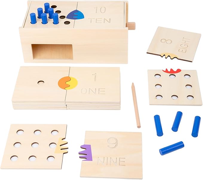 Adena Montessori Toys Wooden Peg Drop Box Tumble Down Counting Pegs Number Games - Fun and Exciting Way to Learn 1-10 Numerals Early Math Skills Development