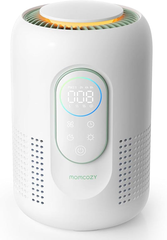 Momcozy Nursery Air Purifier, 4-Filter System with H13 HEPA & Carbon, Real-Time PM2.5 Air Quality Monitor & Display with 3-Color Status, Baby Air Purifier with 21 dB Sleep Mode, Dimmable Night Light