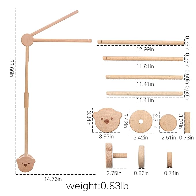 JETMHH Wooden Crib Mobile Arm | Crib Mobile Holder | Nursery Mobile Hanger Cartoon Bear | Horizontal 360 Rotatable, 2 Adjustable Hanging Angles Fits Thick Railings Nursery Decoration