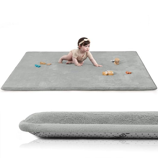 Baby Play Mat for Floor,Extra Large 59"×71" Tummy Time Mat,Thicker Memory Foam Mats for Toddler,Infant,Kid,Water Repellent Ultra Soft Coral Velvet,Non-Slip Backing Safe for Crawling(Light Grey)