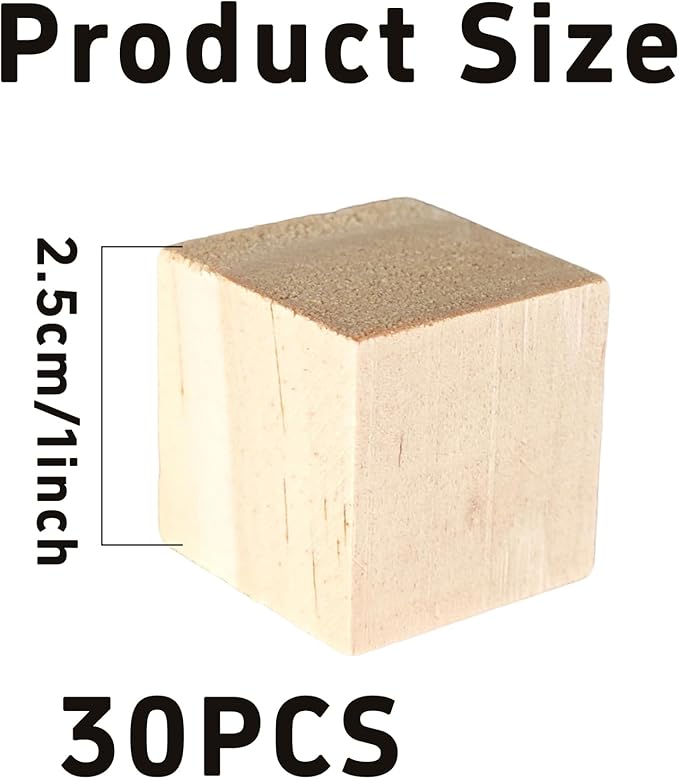 30Pcs 2.5cm Unfinished Wood Cubes, 1” Natural Square Wooden Blocks for Math Counting, Crafts, and DIY Projects