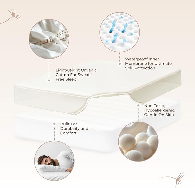 Organic Waterproof Mattress Protector Twin XL Size -100% Waterproof Mattress Pad w/Extra Soft Quiet & Breathable Triple Layer Protection -GOTS Certified Machine Washable Deep Pocket Design(Twin XL)