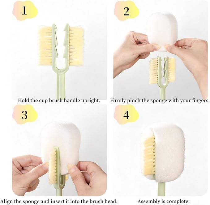 5 in 1 Bottle Cleaning Brush Set, Multifunctional Bottle Cleaning Brush Set, Water Bottle Cleaner Brush, Straw Cleaner Brush for Baby Bottles, 3 Replacement Sponge Brush Heads (White)