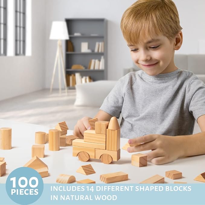 Wooden Blocks Set - 100 Pc Natural Colored Wood Building Block Toys- 100% Real Wood, 14 Different Shapes, Great Gift for Kids or School Project, Hands On Indoor Activity Play- Build, Stack and Create