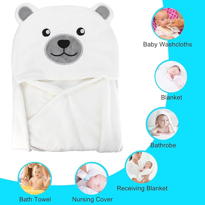 ROMASA Baby Bath Towel with Hooded Ultra Soft and Absorbent Toddlers Bathrobe Newborn Blanket Shower Gifts (White Bear)