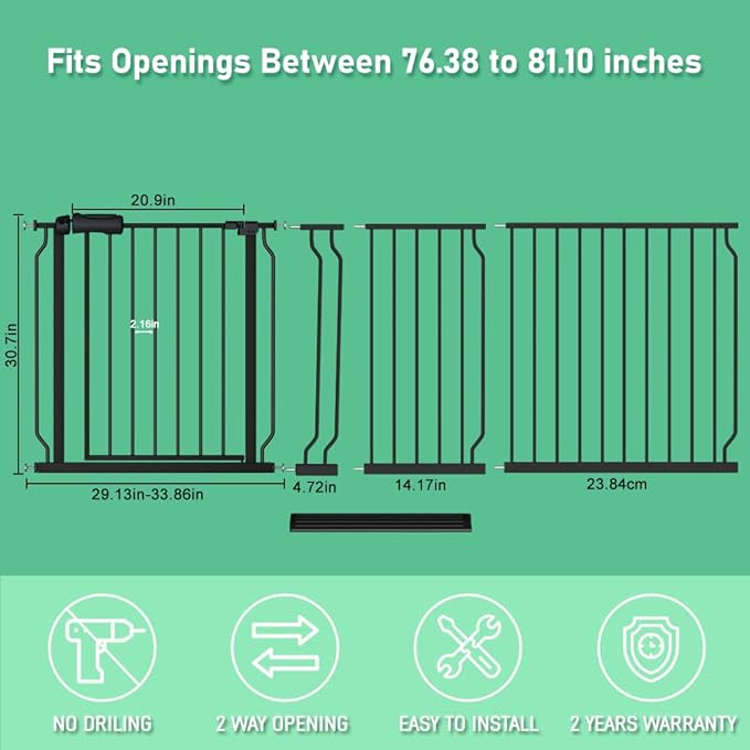 ALLAIBB Extra Wide Pressure Mounted Baby Gate Walk Through Child Kids Safety Toddler Tension White Long Large Pet Dog Gates with Extension for doorways Kitchen (76.38-81.10"/194-206cm, Black)