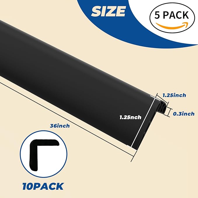 Wall Corner Edge Protector - 1x1x36 inch Baby Proofing Corner Guards, Self-Adhesive Furniture Edge Strips, for Home, Kindergarten, Office, 5 Pack (36" L x 2" W x 2" H, Black, 5)