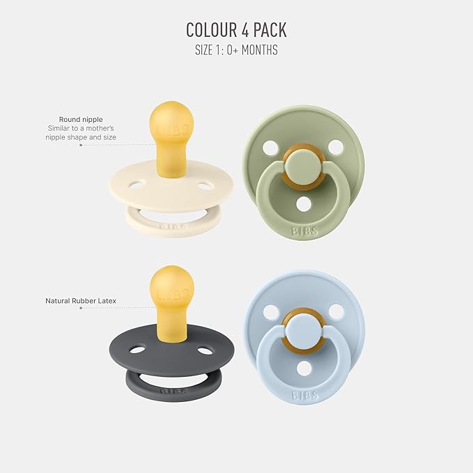 BIBS Colour Soother 4-Pack | BPA Free Dummy Pacifier | Round Nipple | Natural Rubber Latex | Made in Denmark | Size 0-6 Months | Iron Mix