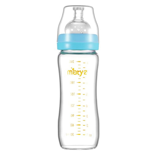 Matyz 8 Ounce Glass Baby Feeding Bottle with Nipple, Light and Slim, Easy to Hold, Food Grade Borosilicate Glass, Wide Neck Breastmilk Feeding Bottle, Easy to Clean, No BPA (Blue Lids)