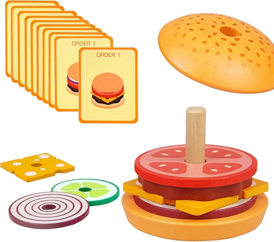 Wooden Burger Stacking Toys Montessori Toys For Toddlers Preschool Education Activity Board Game Early-Education Matching Speed Race Pretend Toy Food Back To School (Burger)