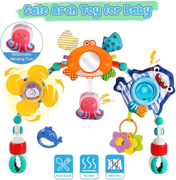 Baby Stroller Car Seat Toys,Adjustable Crib Mobile Activity Arch Toys with Sound Toy and Baby Hanging Toys,Sensory Play Travel Bouncer Bassinet Toy for Toddler Boy Girl 0 3 6 9 12 24 Month