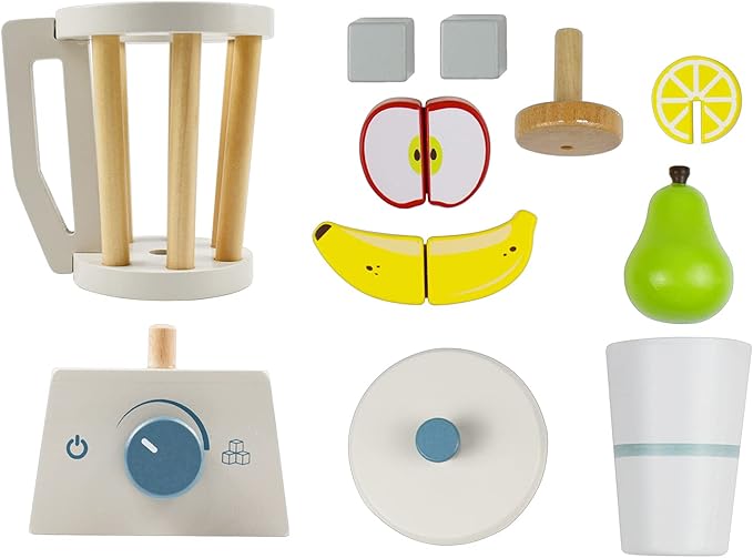 PairPear Wooden Smoothie Blender Toy – 14 Piece Kids Kitchen Accessories Set with Cup, Ice Cubes & Fruit – Pretend Play Juice Maker for Boys & Girls Ages 3+