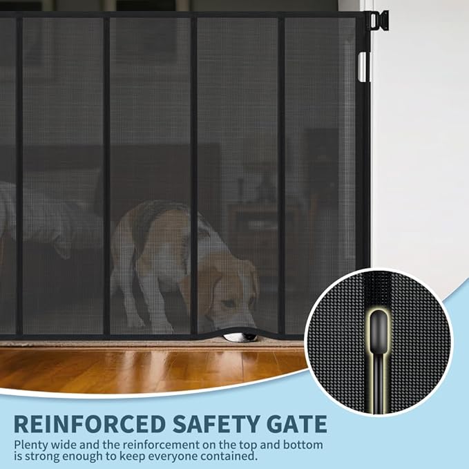 47” Extra Tall Retractable Baby Gate, Reinforced Mesh Dog Gate Extends to 71" Wide, Baby Gate for Stairs, Doorways, Hallways, Indoor and Outdoor, Black