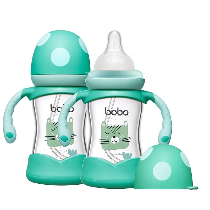 YOHKOH Natural Glass Baby Bottle with Natural Response Nipple, Wide Neck Baby Bottles with Handle, Newborn Anti-Colic Baby Bottles Gift Set, Clear (5.4oz (Pack of 2), Blue)