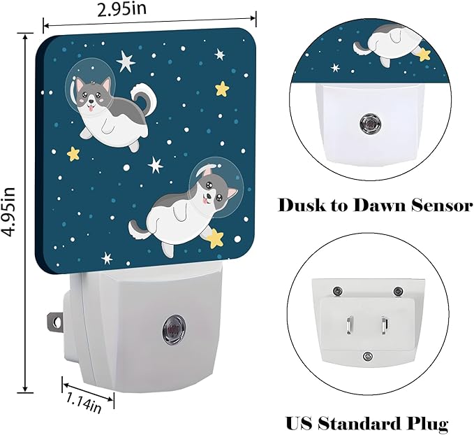 Cute Husky Astronauts on Space Night Light,Plug-in Night Lights with Dusk-to-Dawn Sensor for Stairway,Hallway,Bedroom Sleep Friendly Ideal for Women/Girls/Boys Gift,0.5w