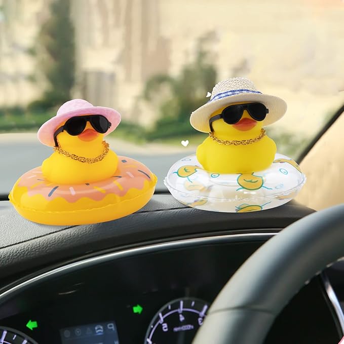 wonuu Car Rubber Duck, Yellow Duck Decoration Dashboard with Sun Hat Swim Ring Necklace Sunglasses for Car Dashboard Decorations