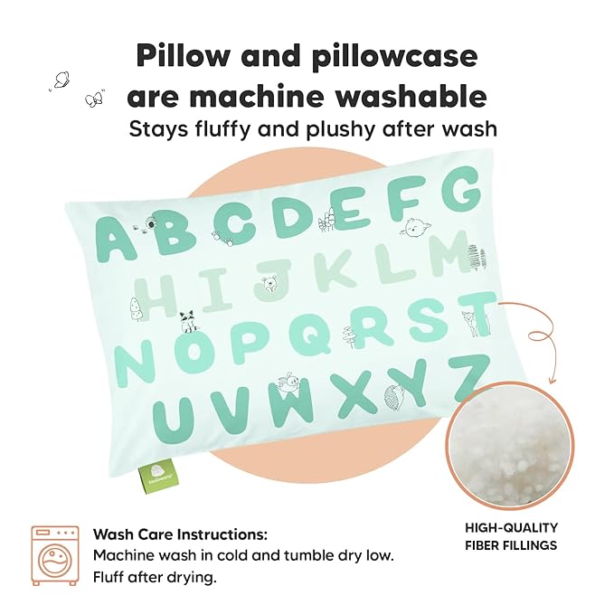 Toddler Pillow with Pillowcase - 13x18 My Little Dreamy Kids Travel Bed Pillows for Sleeping, Organic Cotton Small Pillowcase, Soft & Breathable, Machine Washable, Toddlers 2-5 years old (KeaABC Mint)