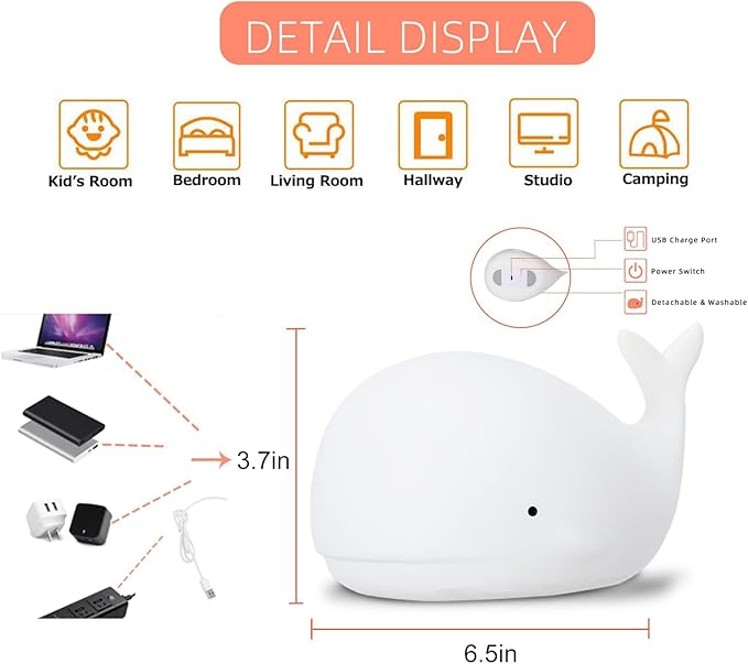 LOVERUIS Whale Night Light Silicone 7 Colors Dimmable 3 Hours Timer Whales Baby Light Decor Room Ocean Baby Nursery Decors Gift Kids