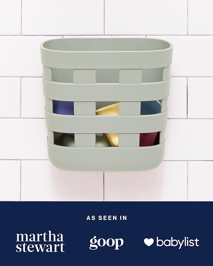 Lalo Bath Time Storage Bin - Keep Items Organized & Dry with Non-Toxic Plastic, Easy Cleanup, Removable Drying Bin, Woven Baby Organizer, Secure Wall Attachment, 9 x 5.5 x 8.5 in - Sage