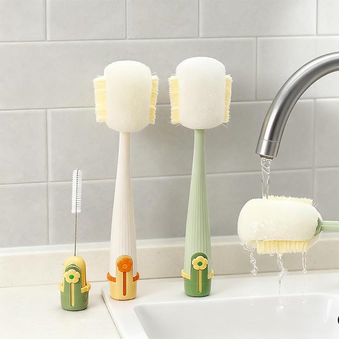 5 in 1 Bottle Cleaning Brush Set, Multifunctional Bottle Cleaning Brush Set, Water Bottle Cleaner Brush, Straw Cleaner Brush for Baby Bottles, 3 Replacement Sponge Brush Heads (White)