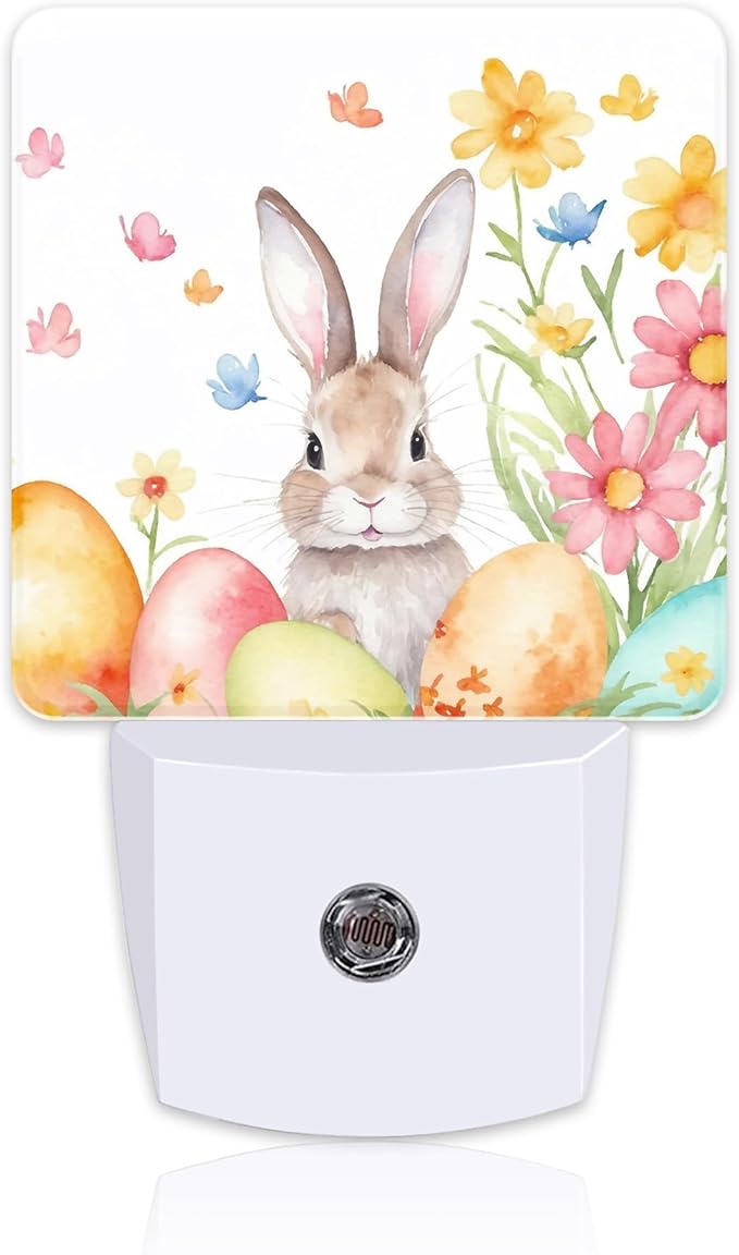 Cute Easter Bunny and Eggs Night Light, Easter Rabbit and Flowers Dusk to Dawn Night Light Plug in, 0.5w Energy Saving Sleep Friendly NightLight for Kids Boys Girls Home Decor