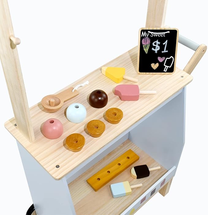 PairPear Wooden Ice Cream Cart for Kids – Toddler Pretend Play Grocery Store Ice Cream Truck Playset Kids Dessert Truck Play Food Kitchen Toys Gift for Boys and Girls 3 Years and up