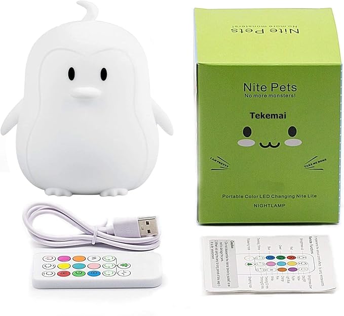 Night Light, LED Cute Silicone Lamp Bedside Lamp, Animal Light - 9 Colors Changing/USB Rechargeable/Remote Control/Dimmable Children Night Light for Kids/Bedroom/Baby Feeding - Medium Penguin