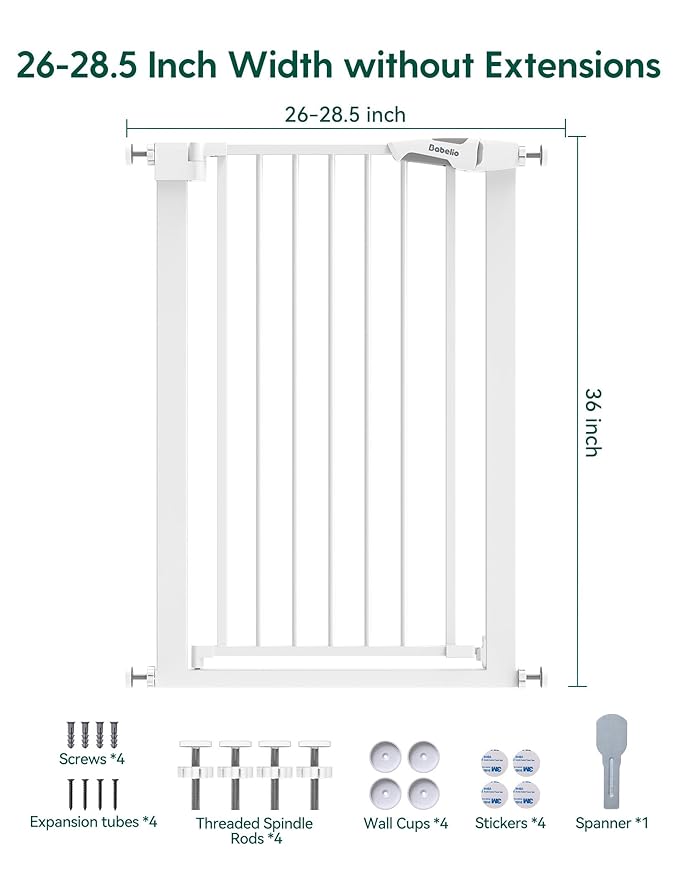 BABELIO 36" Tall Narrow Baby Gate, 26-28.5" Wide Auto-Close Metal Pet Gate for Small Stairs/Doorways/Hallways, Pressure/Hardware Mounted for Child and Pets, NO Extensions, White