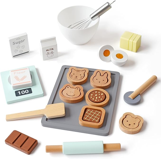 PairPear Wooden Cookie & Baking Play Food Set, Kids 28 Pieces Sliceable Cookies, Hand Mixer Toy Kitchen Accessories Playset, Montessori Pretend Kitchen Gift for Kids Ages 3+