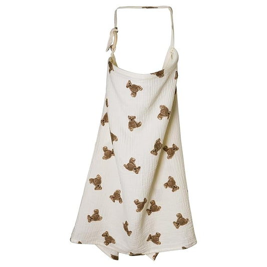 Muslin Nursing Cover for Baby Breastfeeding, Breathable 100% Cotton Breastfeeding Cover with Rigid Hoop for Mother Nursing Apron, Multi-use Carseat Canopy (Bear)