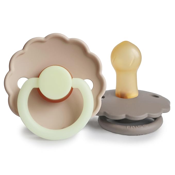 FRIGG Daisy Night Natural Rubber Baby Pacifier | Made in Denmark | BPA-Free (Portobello/Croissant, 0-6 Months) 2-Pack