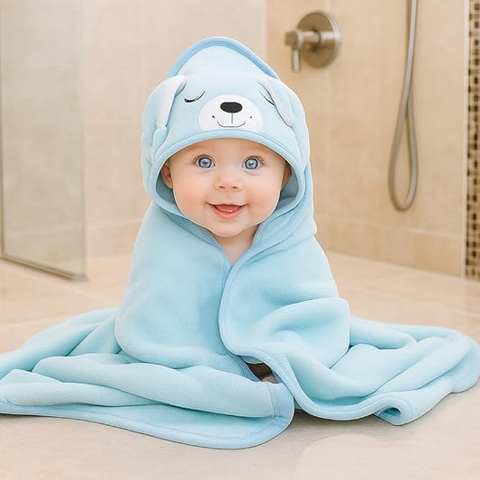 Hooded Baby Bath Towel for Boys – Soft & Absorbent Blue Animal Design | Plush Newborn & Toddler Bath Wrap