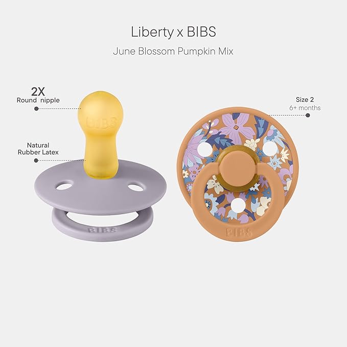 BIBS Colour Liberty Soother 2-Pack, BPA Free Dummy Pacifier, Round Nipple. Natural Rubber Latex, Made in Denmark, Size 2 (6-18 Months), June Blossom Pumpkin Mix