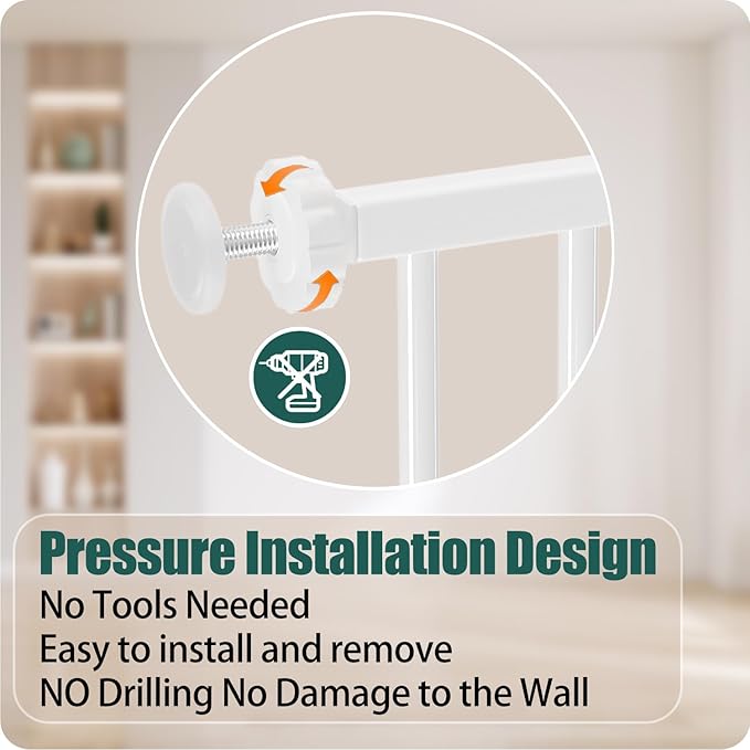 57.5-62 Inch Extra Wide Baby Gate, Auto Close Safety Gate for Kids & Pets, Pressure Mounted No Drill for Indoor Stairs, White Metal with Extension Kit