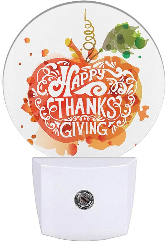 EKOBLA Pumpkin LED Night Light Happy Thanksgiving Day Pumpkin with Green Leaf Autumn Dusk to Dawn Plug-in Nightlights Auto Sensor for Home Indoor Bathroom Hallway Kitchen