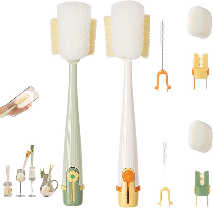 5 in 1 Bottle Cleaning Brush Set, 5‑in‑1 Multifunctional Bottle Cleaning Brush Set, Straw, Lid, Gap & Cup Brushes for Travel and Home Use (Green+Yellow)