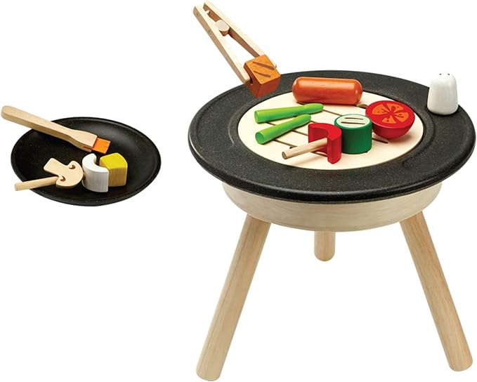 PlanToys® Wooden Barbeque Pretend Cooking Toy for Kids | Kitchen Toy Includes Grill, Food Pieces, Tongs & Charcoal Stove | Montessori Food Role Play Set for Fine Motor Skills & Imaginative Learning