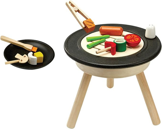 PlanToys® Wooden Barbeque Pretend Cooking Toy for Kids | Kitchen Toy Includes Grill, Food Pieces, Tongs & Charcoal Stove | Montessori Food Role Play Set for Fine Motor Skills & Imaginative Learning
