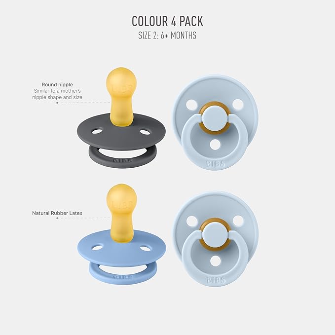 BIBS Pacifiers - Colour 4 Pack | Round Nipple Baby Pacifier | BPA Free Natural Rubber Latex Soother | Made in Denmark | Size 6-18 Months | Blue Colors