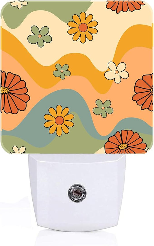 Waves and Floral Night Light,Plug Into Wall for Boys Girls Bedroom Decorative Square Night Light Lamp 0.5w Sleep Friendly