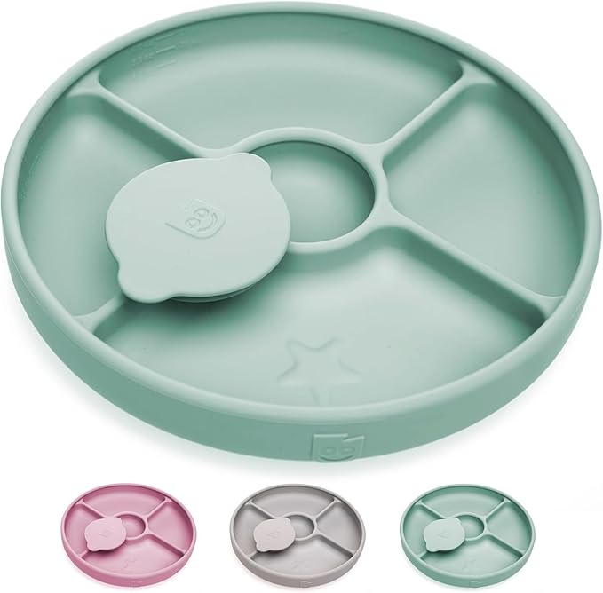 TalkTools Bitsy Feeding Kid's Essentials Plate Set – Toddler Utensils, Spoon and Fork, Lid, Perfect for Mealtime – Strong Suction with 4 Compartments (Plate-Sage)