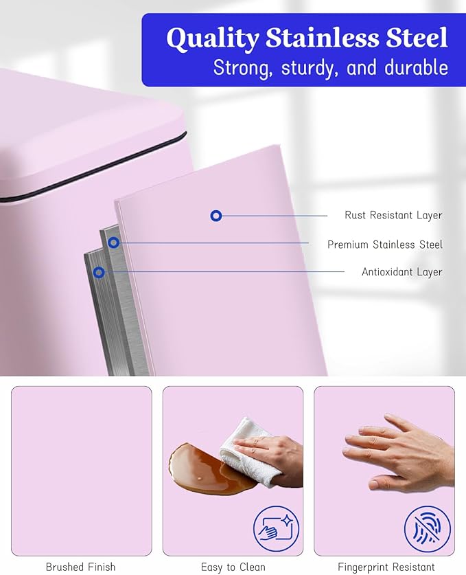 8 Gallon Step Trash Can with Soft Close Lid, 30L Stainless Steel Garbage Can, Fingerprint Resistant with Removal Inner Bucket, Pink Trash Can for Home, Kitchen, Laundry Room, Office, Bathroom