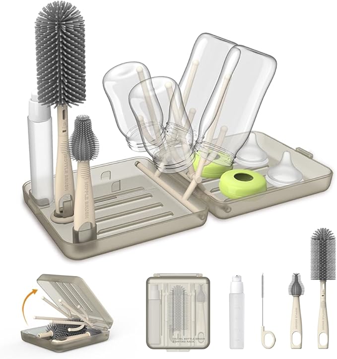 Travel Bottle Brush, Travel Bottle Cleaner Kit with Bottle Drying Rack, Transparent Coffee