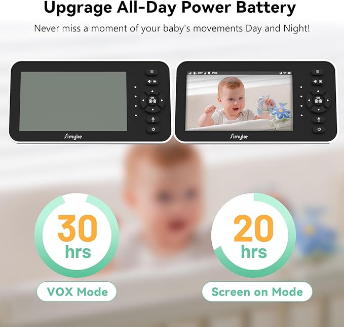 Video Baby Monitor with Camera and Audio,5'' Screen,720P,No Wifi or Free App Mode,Pan-Tilt-Zoom,Lullabies,Feeding Remind,Night Vision,VOX/ECO,2-Way Talk,1500ft Long Range,Easy Setup,30H Battery