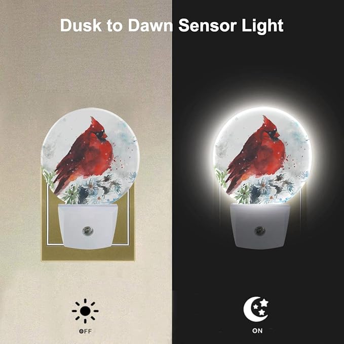 EKOBLA Watercolor Cardinal Night Light Winter Snow Red Bird on Branch Night Lights Plug into Wall Auto Sensor LED Plug-in Nightlights for Home Indoor Bedroom Kitchen Hallway Christmas