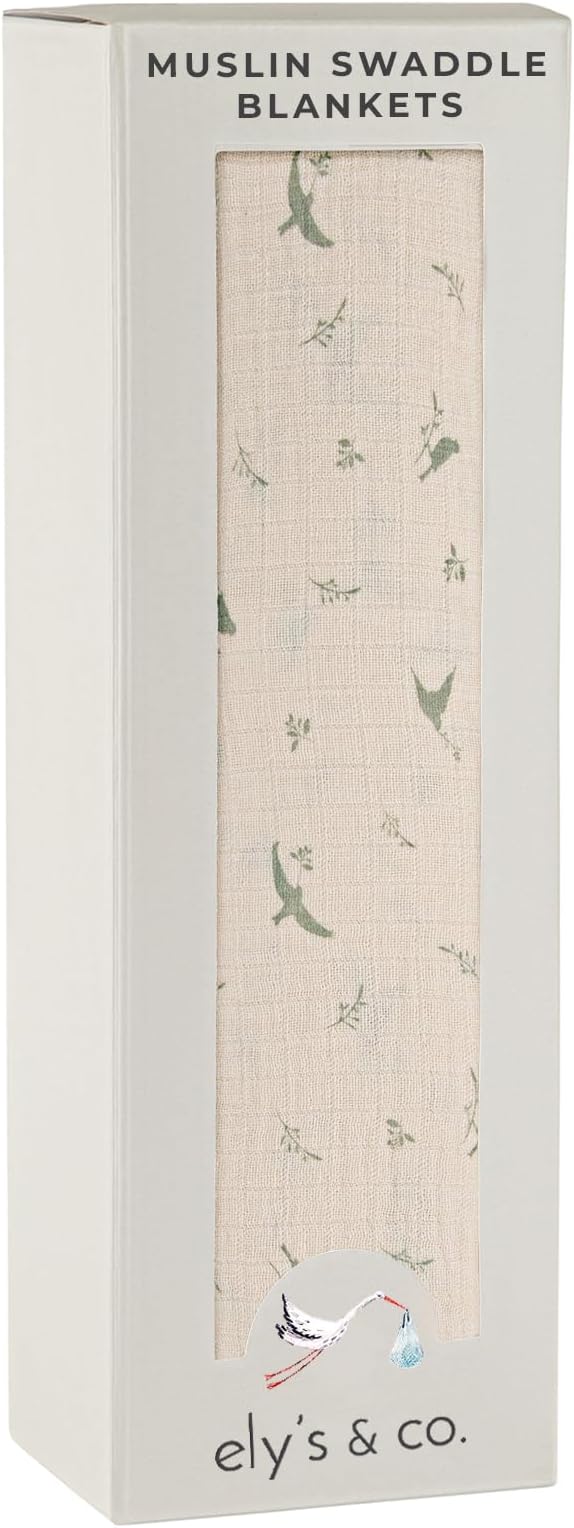 Ely's & Co. Muslin Swaddle Blanket 1-Pack for Baby Boy/Girl, 100% Cotton Muslin Extra Large Swaddle Receiving Blanket, 47”x47” (Sage Bird)