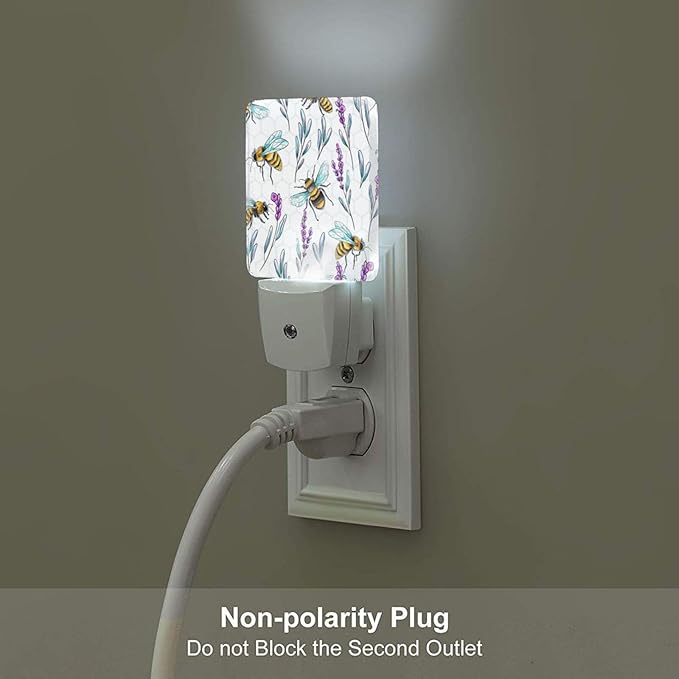 Bees and Lavender Flowers Night Light,Plug-in Night Lights with Dusk-to-Dawn Sensor for Stairway,Hallway,Bedroom Sleep Friendly Ideal for Women/Girls/Boys Gift,0.5w