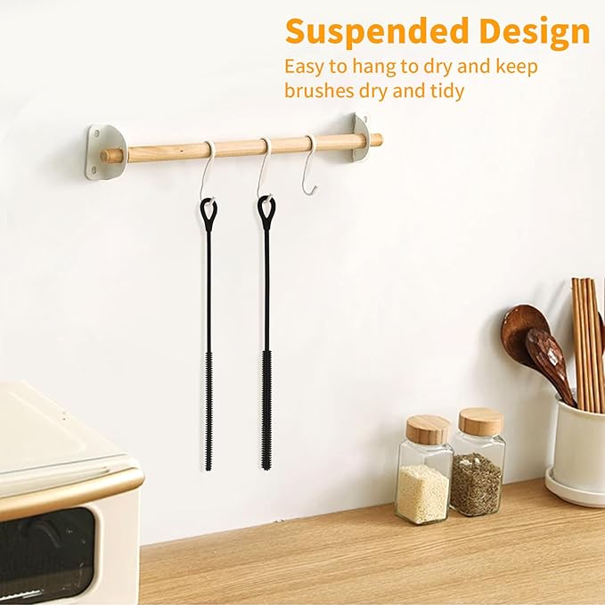 2Pcs Silicone Straw Cleaner Brush, 9.84in Reusable Straw Cleaner with Bendable Steel Core, Extra Long Soft Bottle Brush for Clearing Glass Straws, Smoothie Straws, 9mm&6mm (Black)